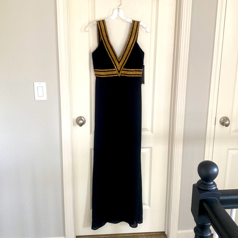 Size small WYLDR full length black v neck sleeveless sheath dress with gold trim